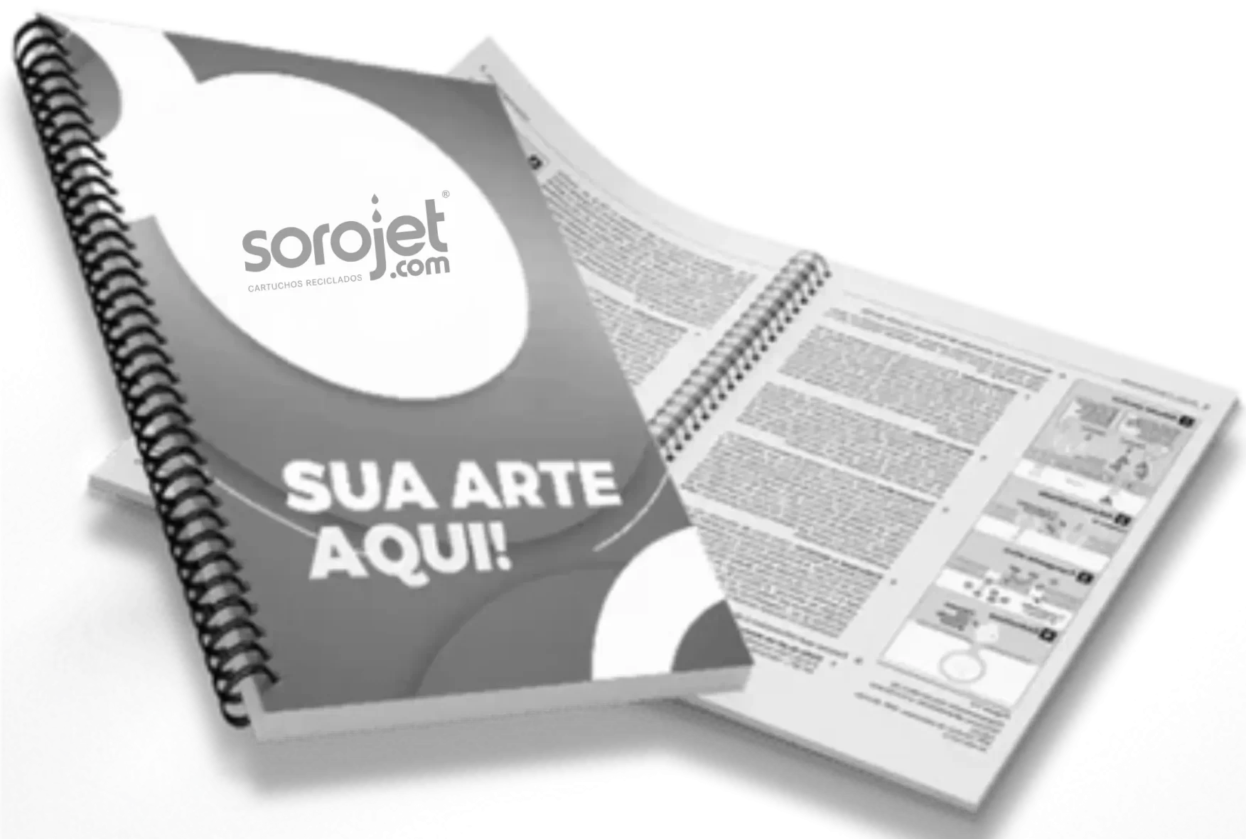 Uma apostila fechada escrita faça sua arte aqui com o logo da sorojet e uma apostila aberta mais ao fundo.